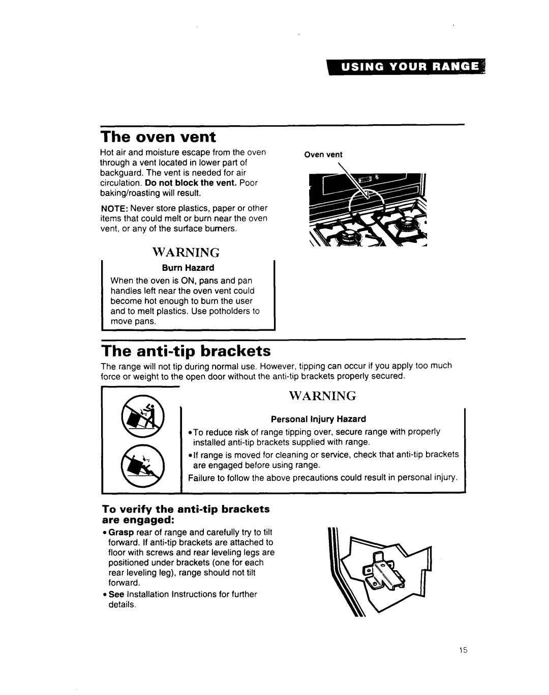 Whirlpool SF312PEW important safety instructions Oven Vent, Anti-tip brackets, To verify the anti-tip brackets are engaged 