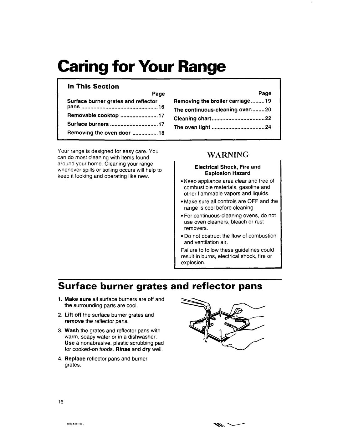 Whirlpool SF312PEW Caring for Your Range, Surface burner grates and reflector pans, This Section 