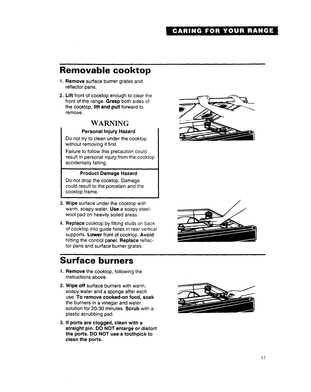 Whirlpool SF312PEW important safety instructions Removable cooktop, Surface burners 