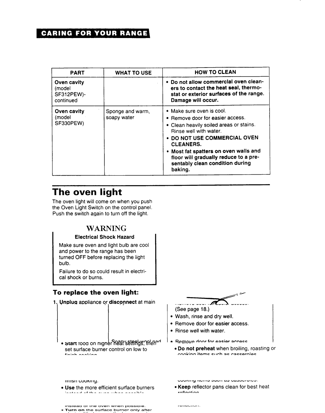 Whirlpool SF312PEW important safety instructions Oven light, To replace the oven light, Part What to USE, SF330PEW 