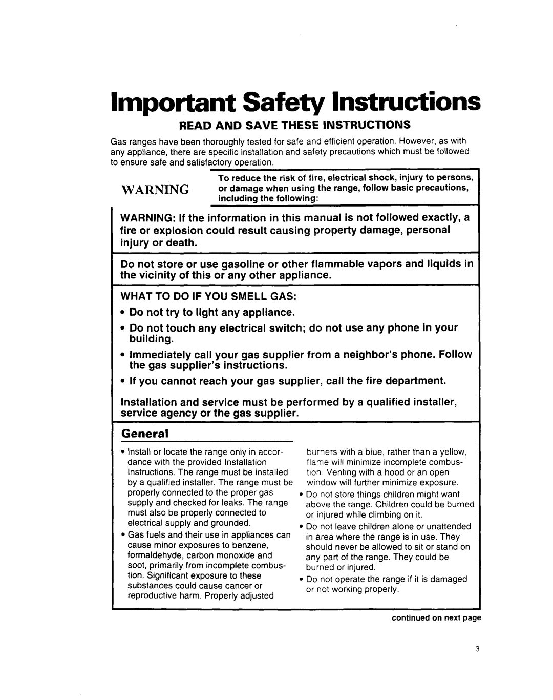 Whirlpool SF312PEW important safety instructions Important Safety Instructions, Read and Save These Instructions 