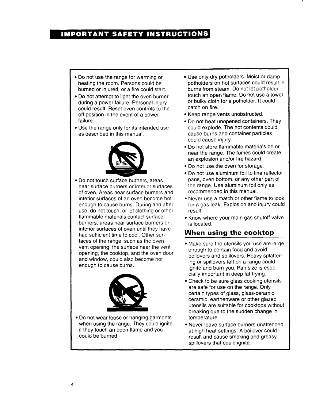 Whirlpool SF312PEW important safety instructions When using the cooktop 