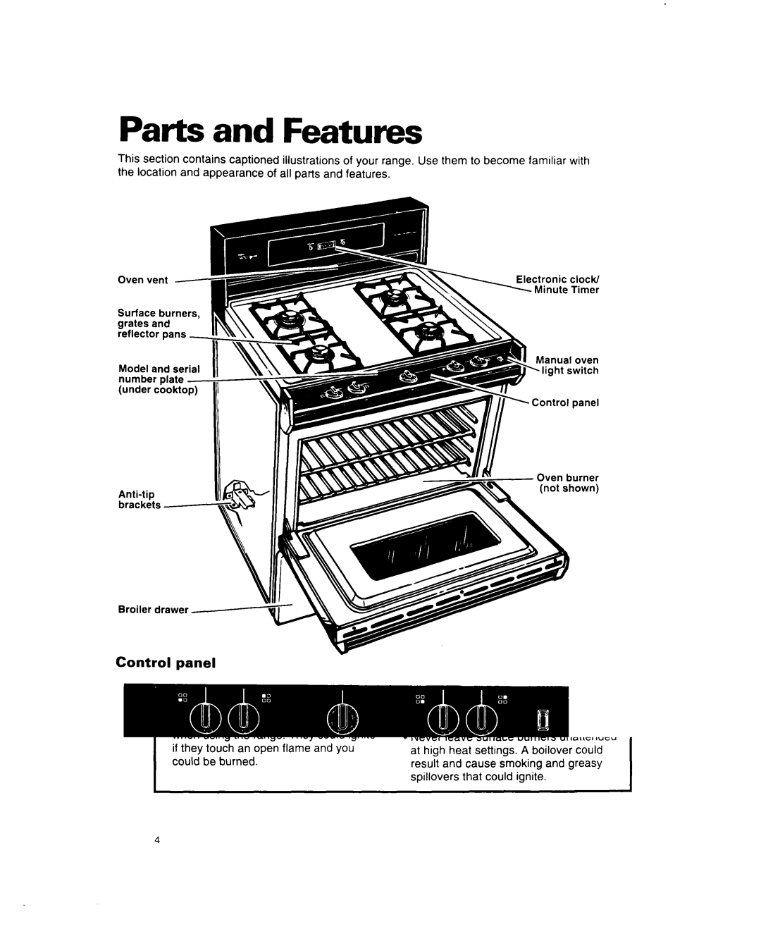 Whirlpool SF312PEW important safety instructions Parts and Features, Control panel 