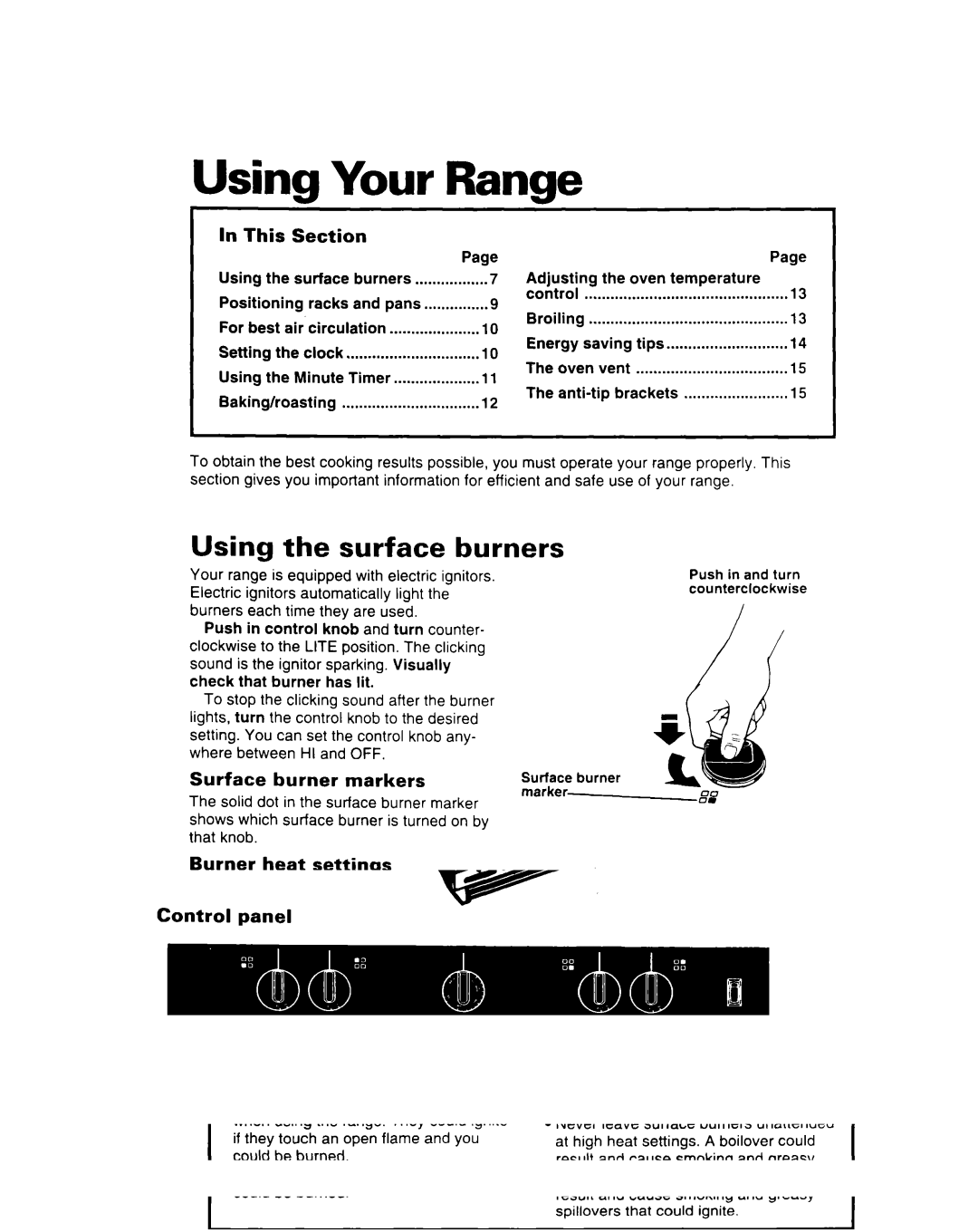 Whirlpool SF312PEW Your Range, Using the surface burners, This, Surface burner markers, Burner heat settings 