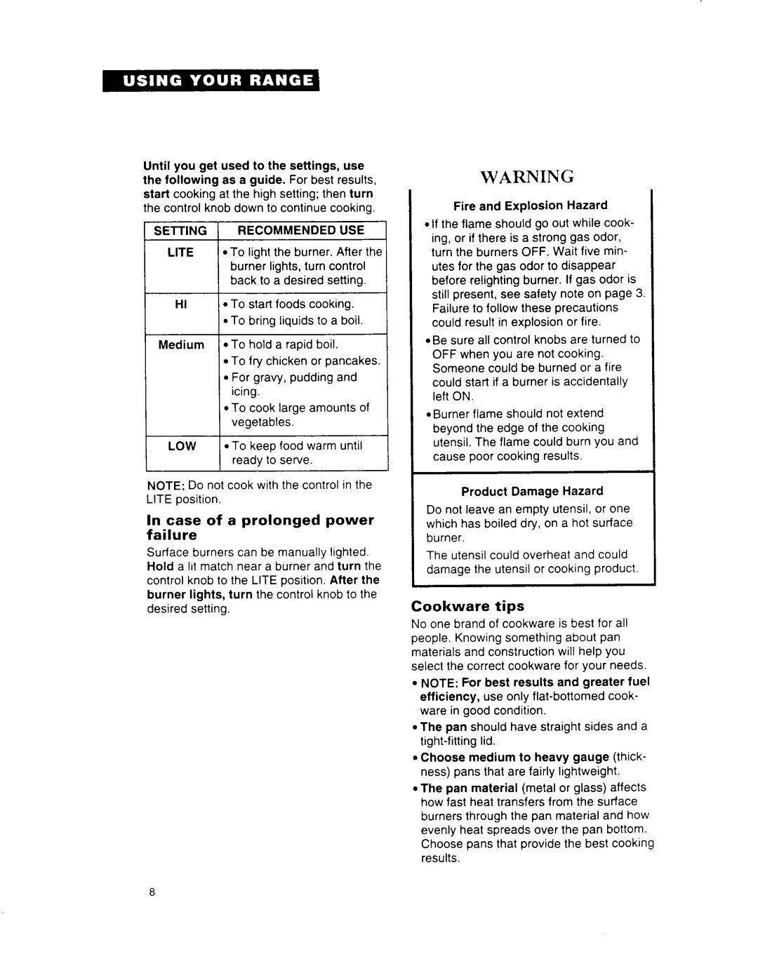 Whirlpool SF312PEW important safety instructions Case of a prolonged power failure, Cookware tips 