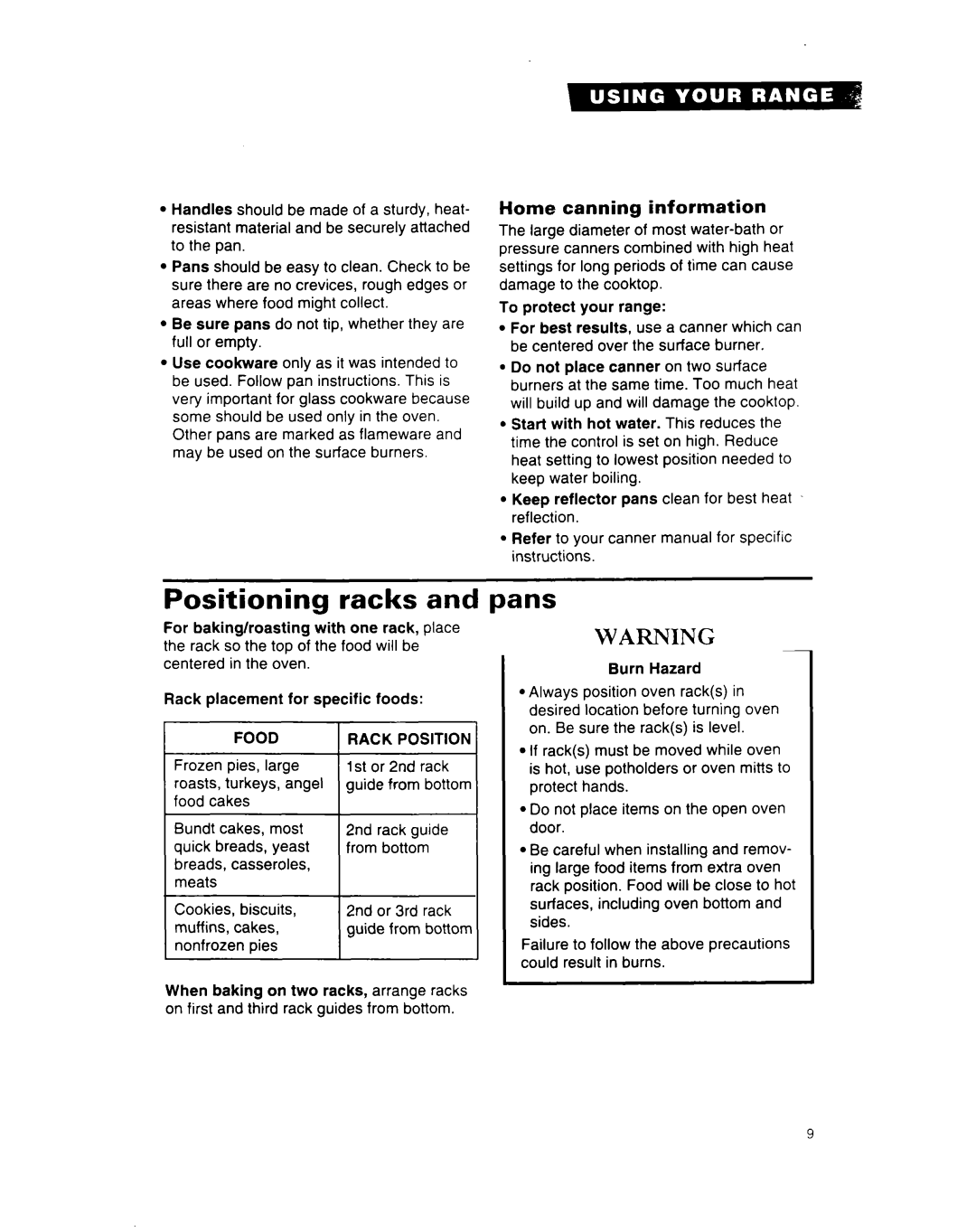 Whirlpool SF312PEW important safety instructions Positioning racks, Pans, Home canning information, Foodrack Position 