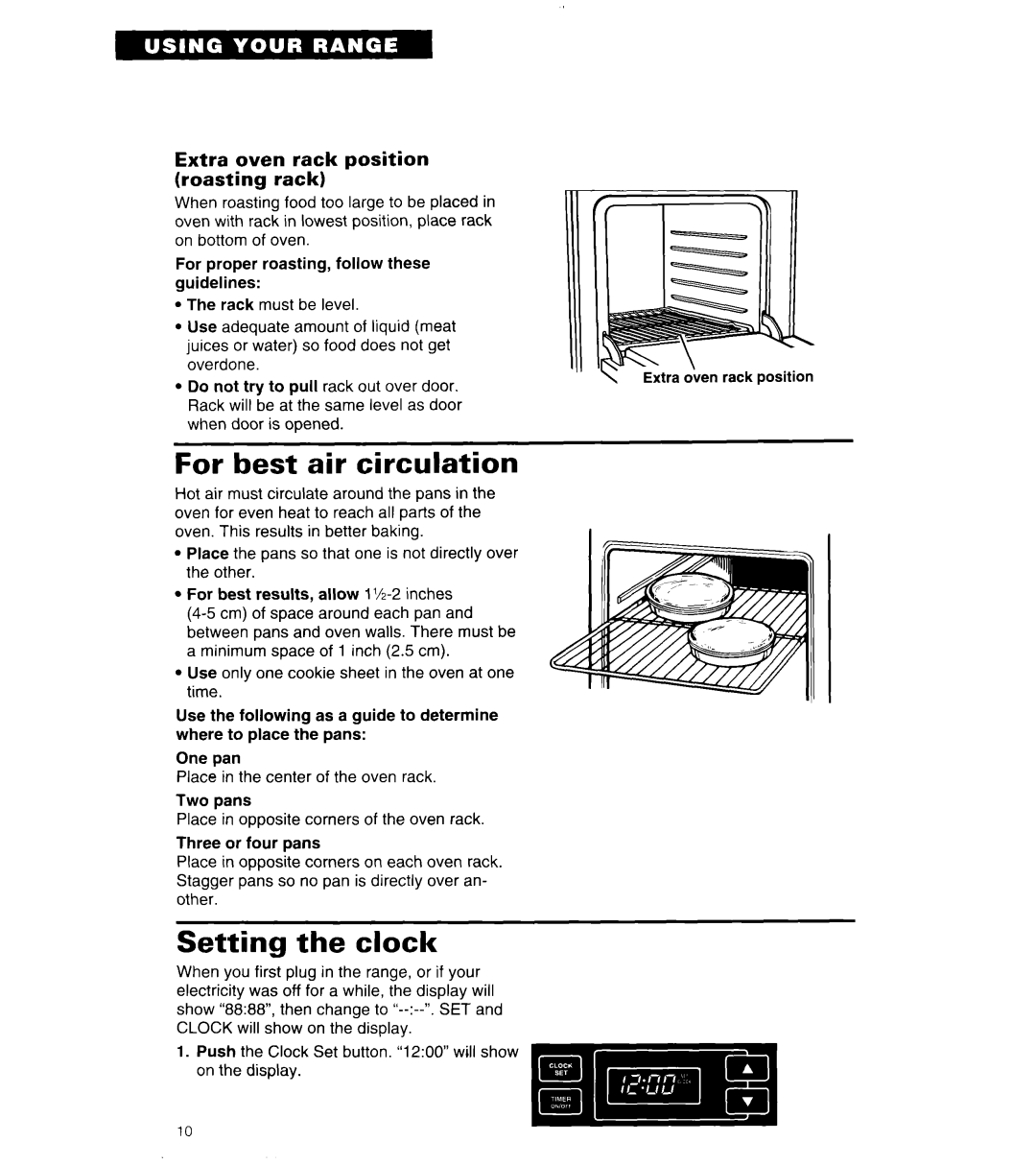 Whirlpool SF314PEA manual For best air circulation, Setting the clock, Extra oven rack position roasting rack 