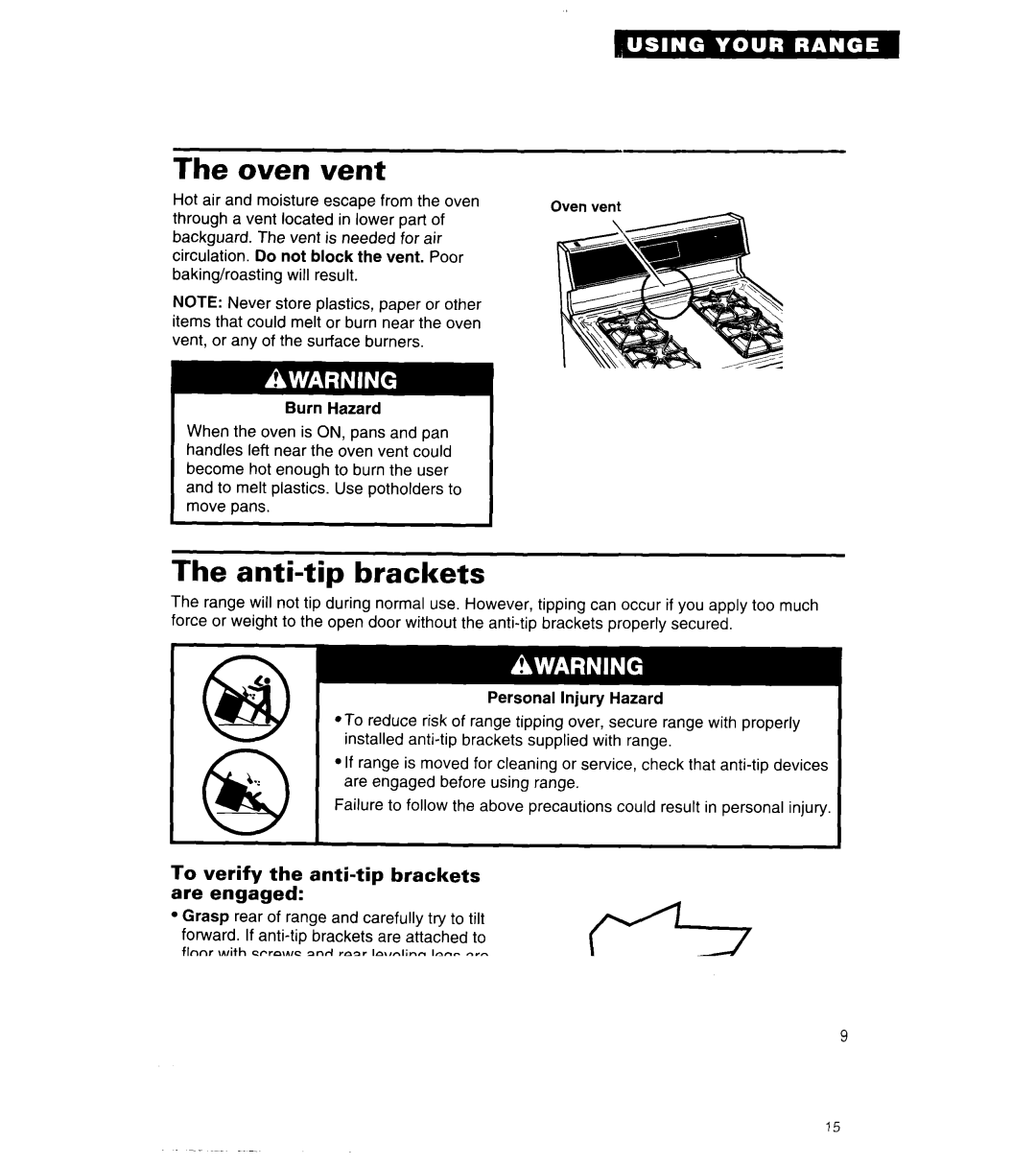 Whirlpool SF314PEA manual Oven vent, Anti-tip brackets, To verify the anti-tip brackets are engaged 