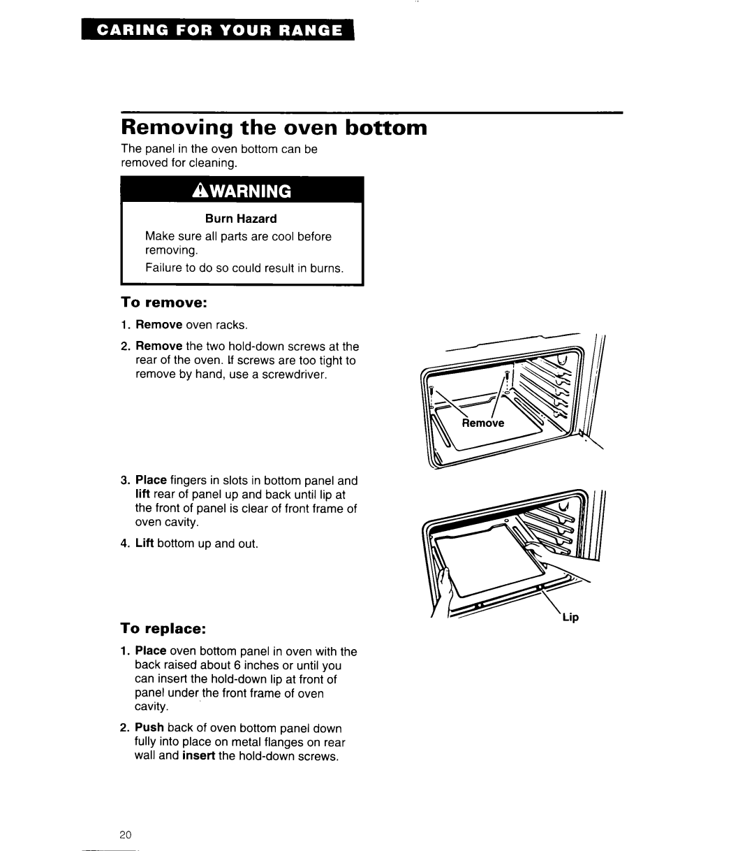 Whirlpool SF314PEA manual Removing the oven bottom 