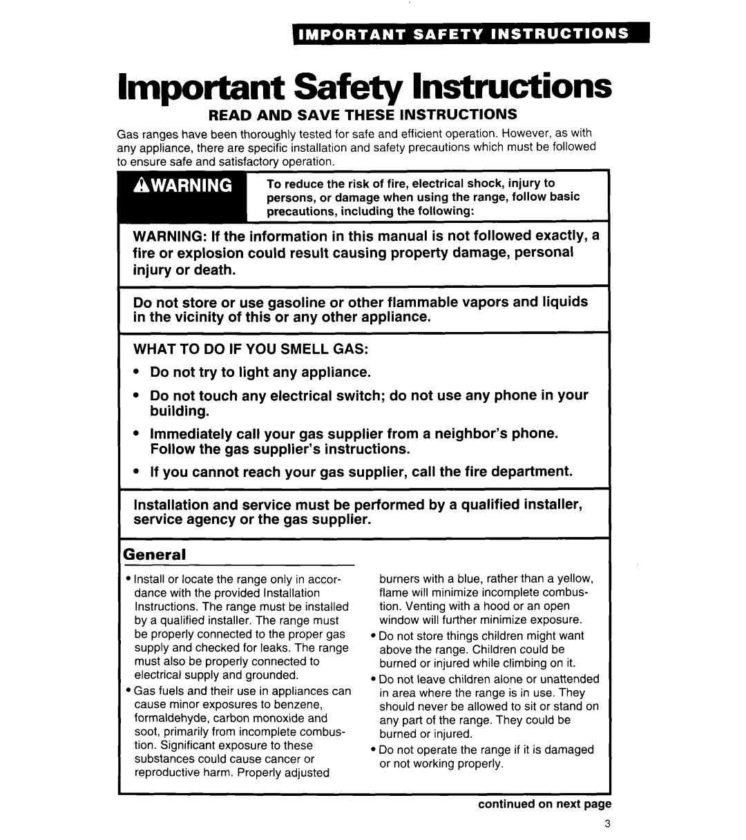 Whirlpool SF314PEA manual Important Safety Instructions, Read and Save These Instructions 