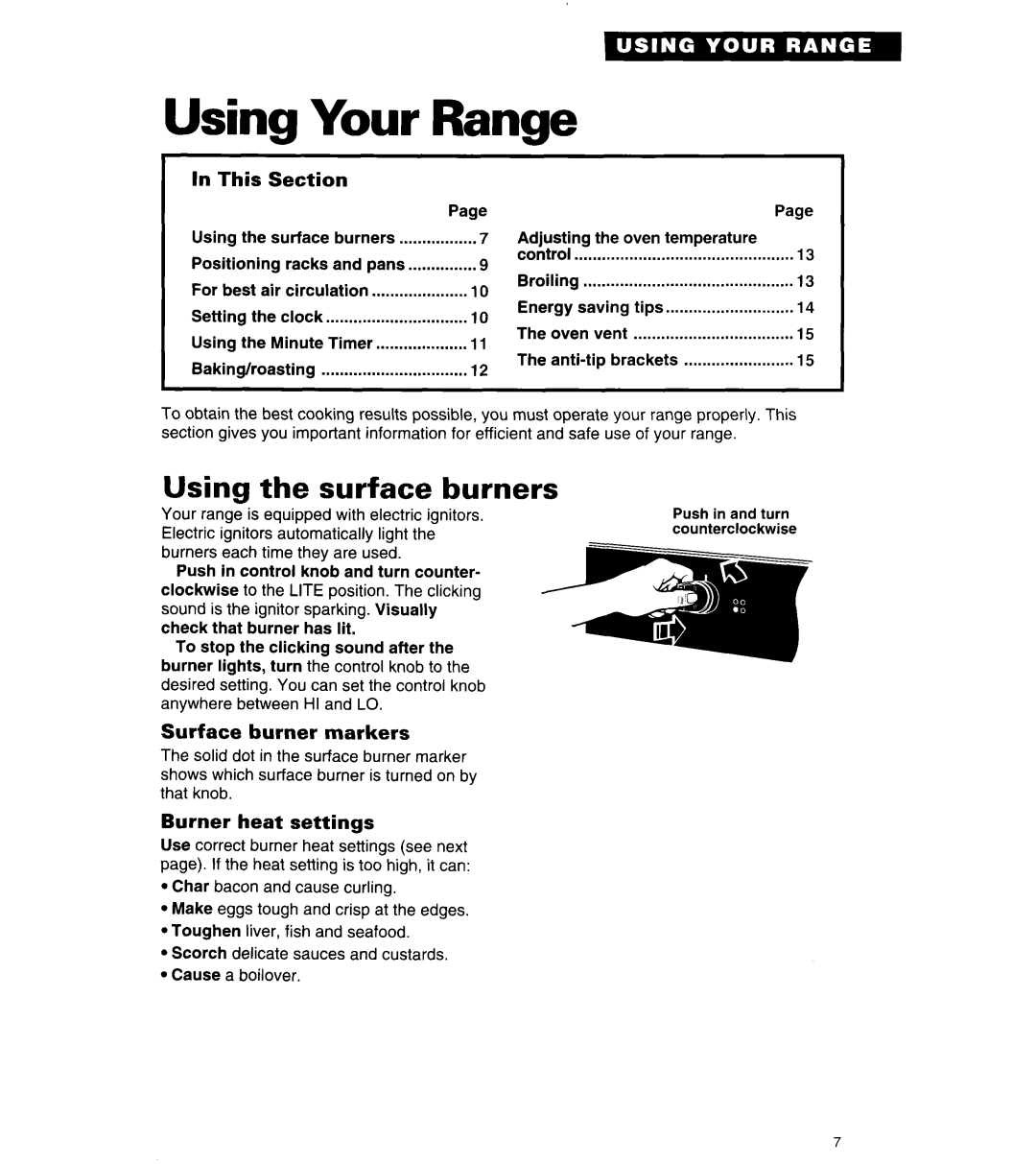 Whirlpool SF314PEA manual Your Range, Using the surface burners, This, Surface burner markers, Burner heat settings 