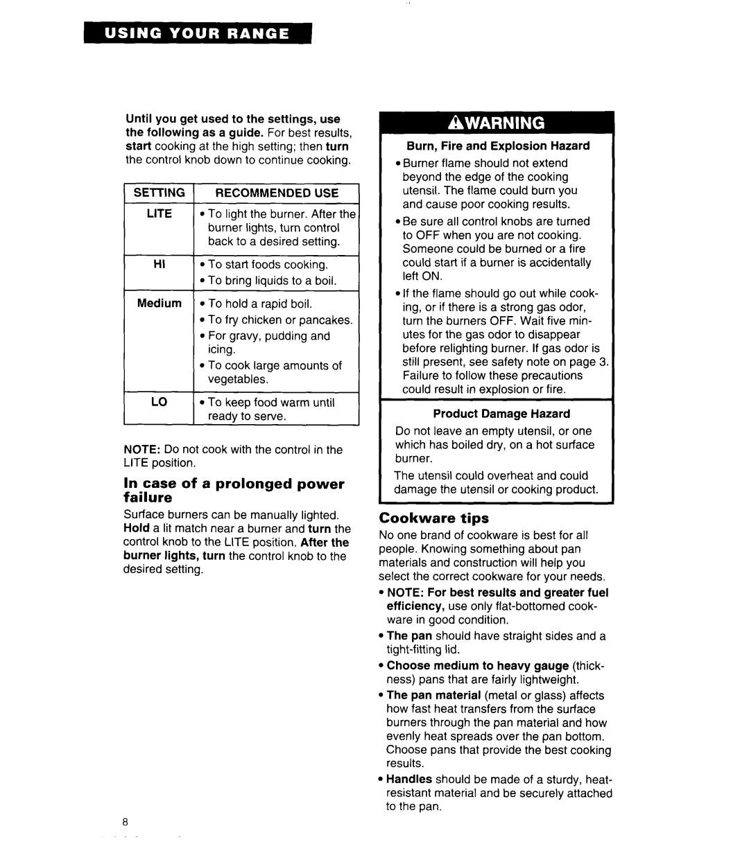 Whirlpool SF314PEA manual Case of a prolonged power failure, Cookware tips, Setting Recommended USE 