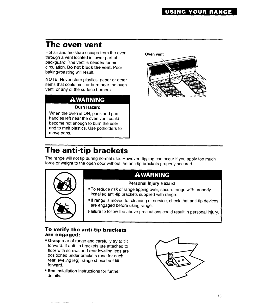 Whirlpool SF314PEA manual The oven vent, The anti-tipbrackets, To verify the anti-tipbrackets are engaged 