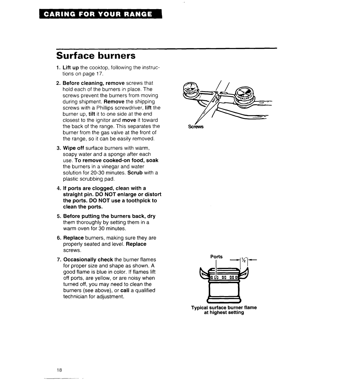 Whirlpool SF314PEA manual Surface burners 