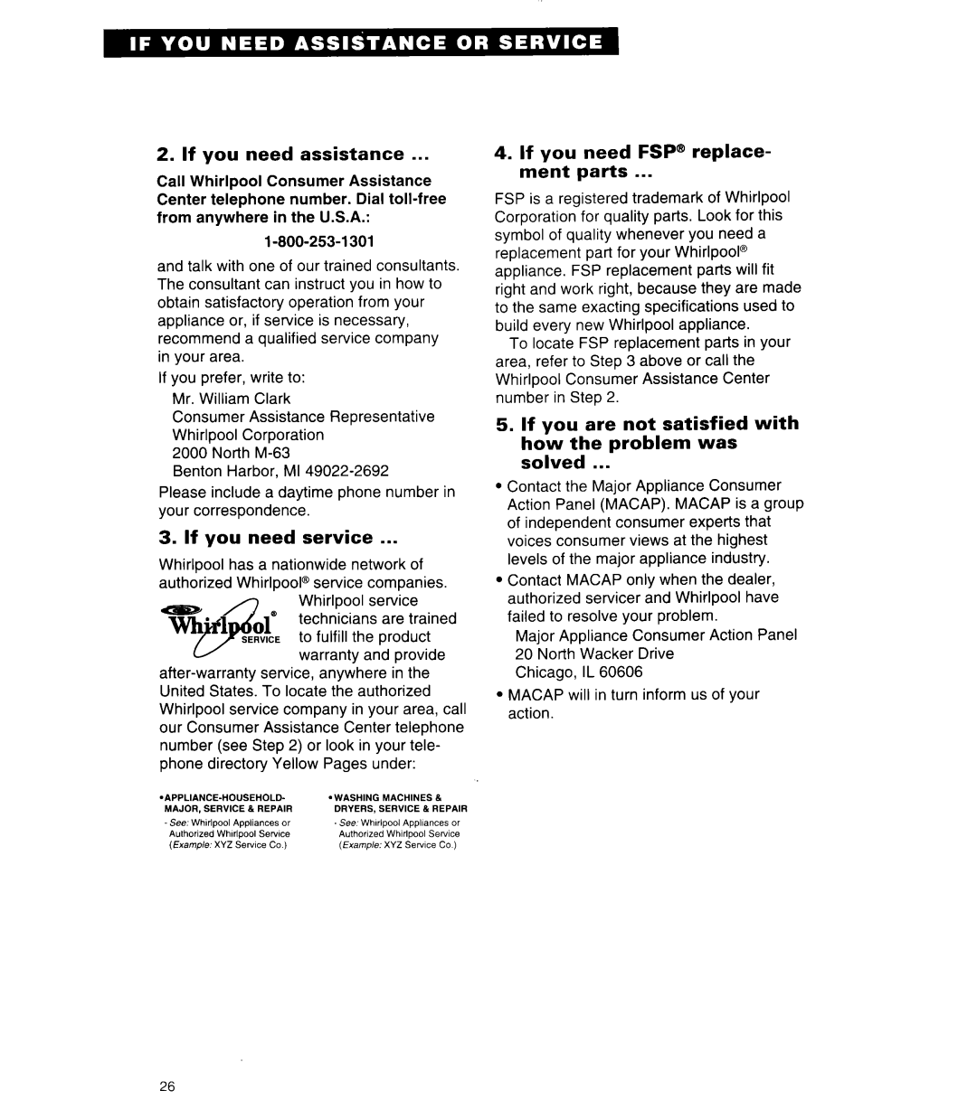 Whirlpool SF314PEA manual If you need assistance, If you need service, If you need FSP@ replace- ment parts 