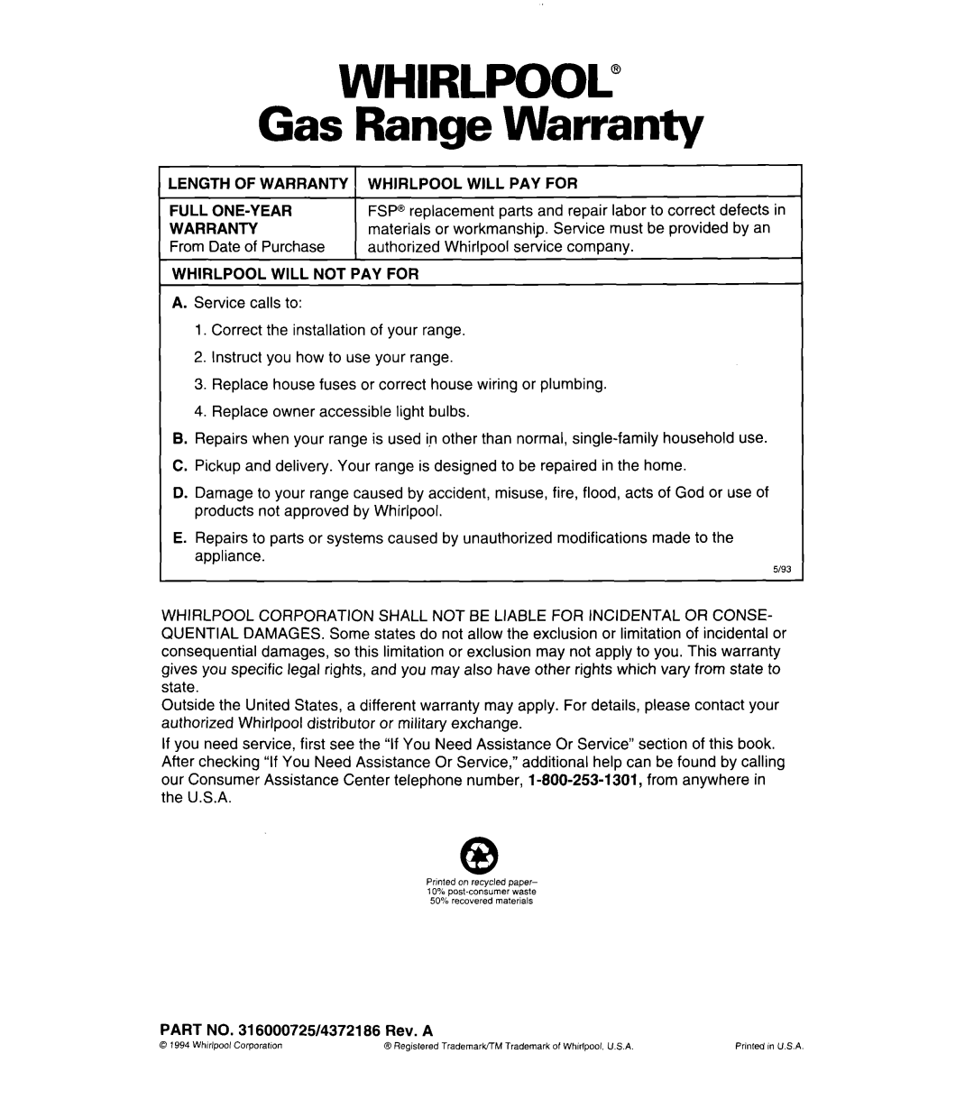Whirlpool SF314PEA manual WHIRLPOOL” Gas Range Warranty 