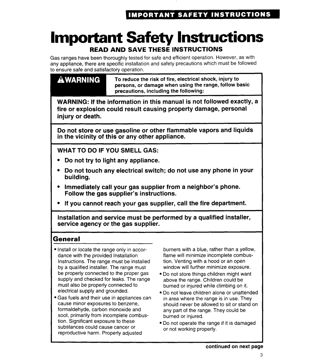 Whirlpool SF314PEA manual Important Safety Instructions, General 