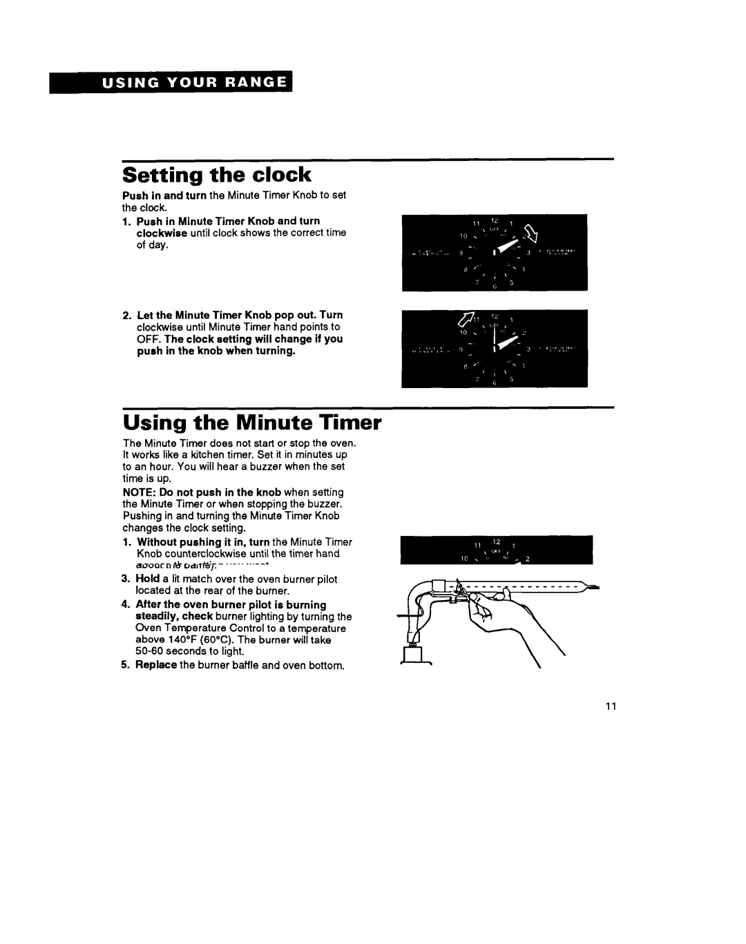 Whirlpool SF314PSY manual Setting the clock, Using the Minute Timer 