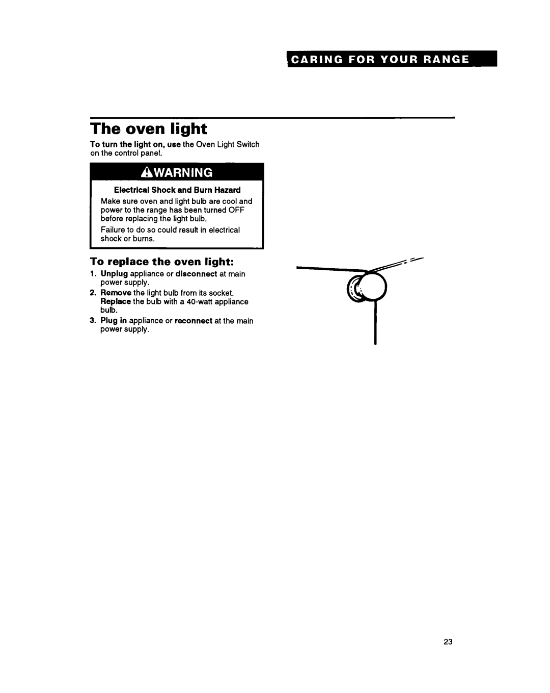 Whirlpool SF314PSY manual Oven light, To replace the oven light 