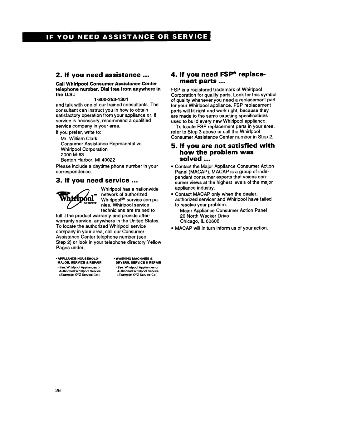 Whirlpool SF314PSY manual If you need assistance n, If you need service, If you need FSP replace- ment parts 