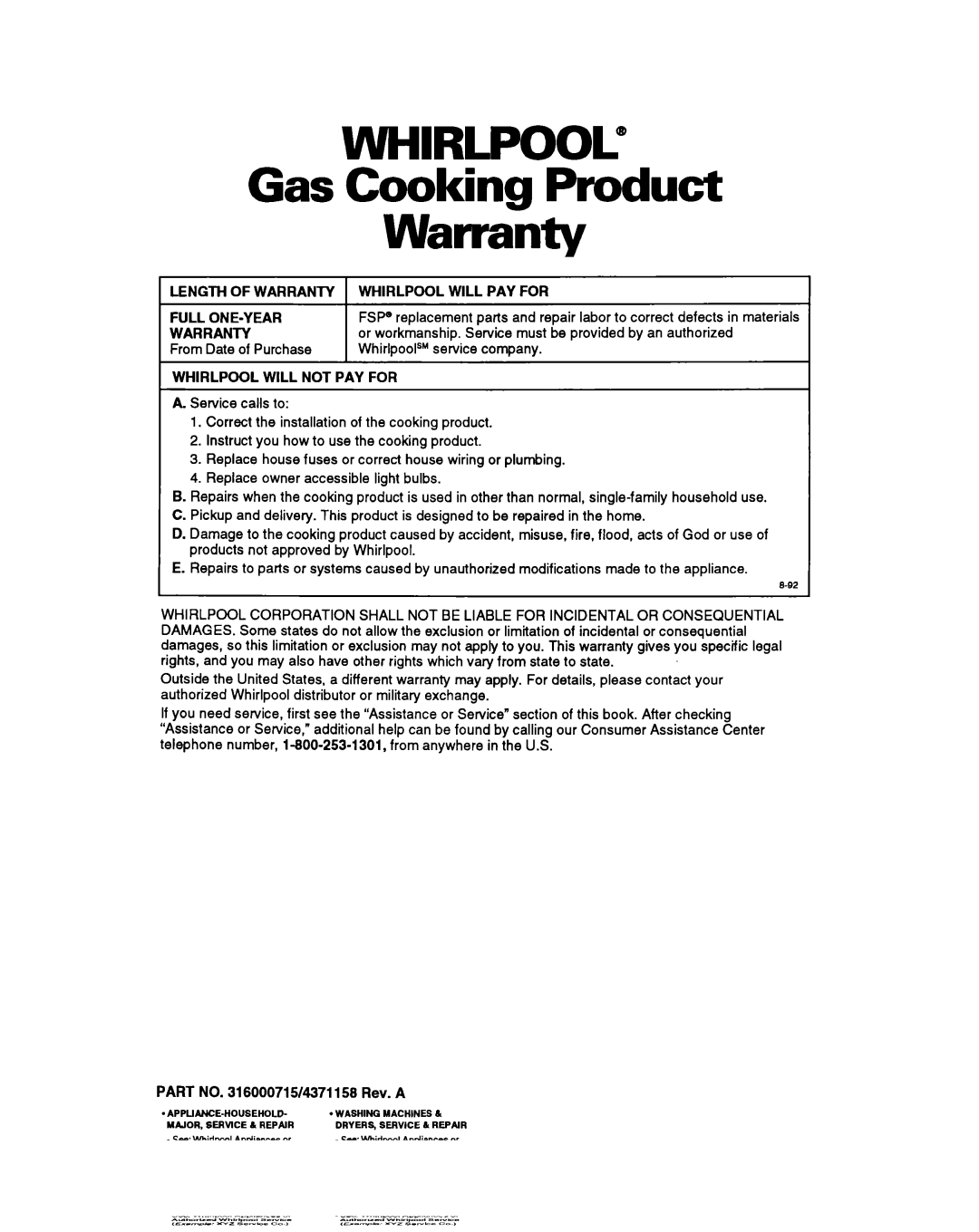 Whirlpool SF314PSY manual Gas Cooking Product Warranty, Length of Warranty, From Date of Purchase, Whirlpool will PAY for 