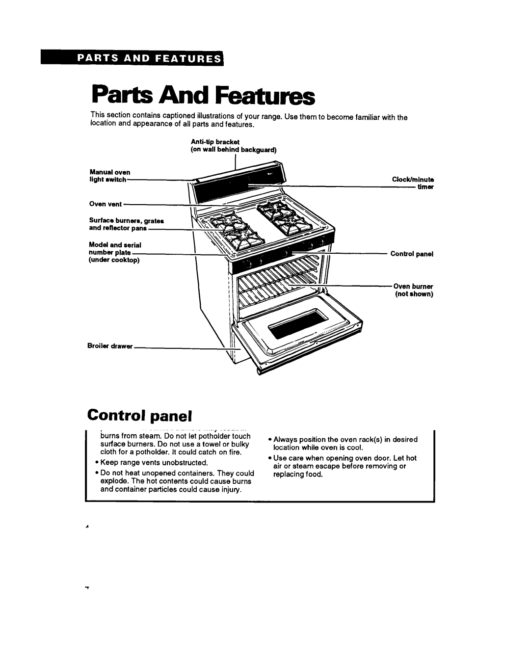 Whirlpool SF314PSY manual Parts And Features, Control panel 