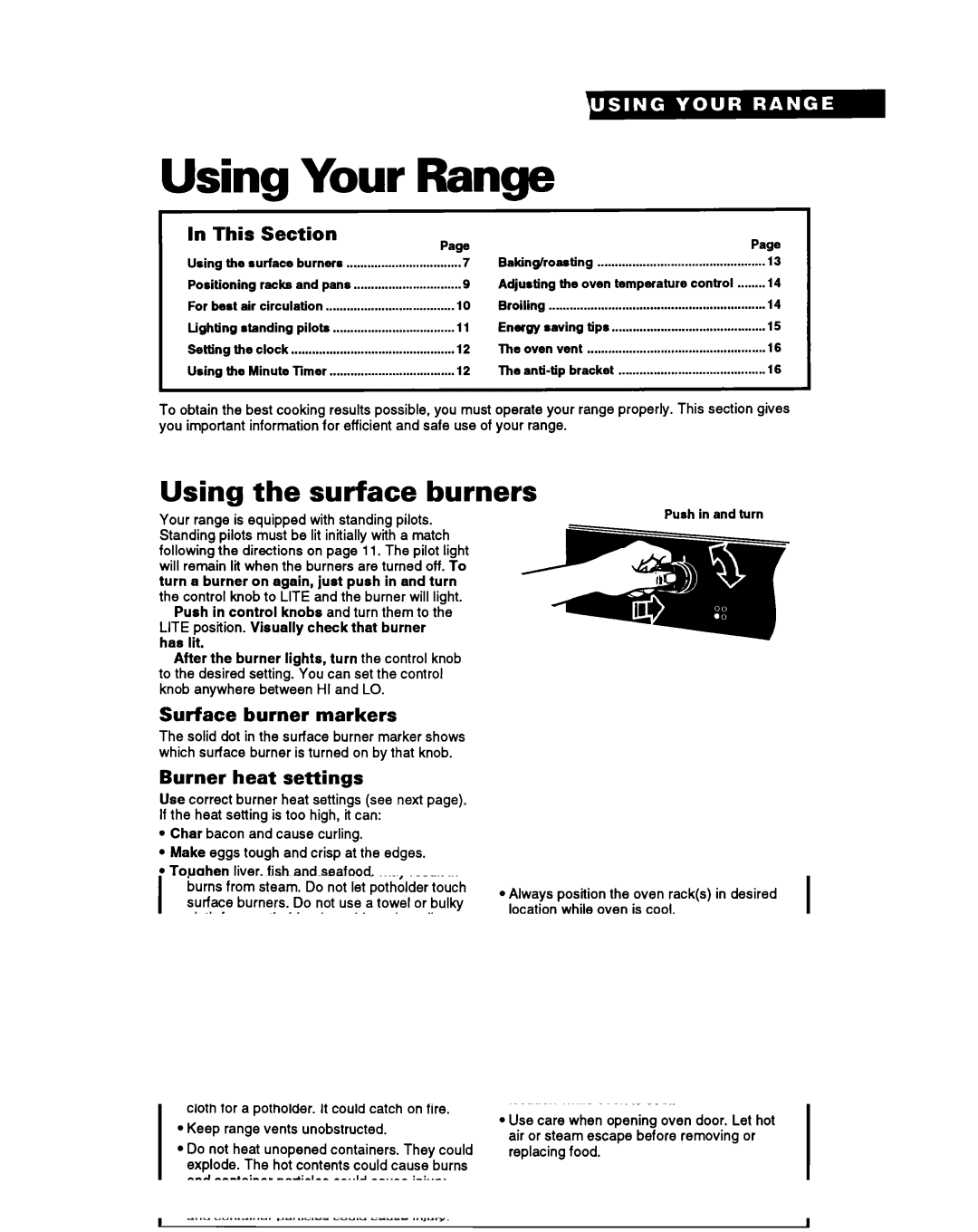 Whirlpool SF314PSY manual Using Your Range, Surface Burners, This Section, Surface Burner Markers, Burner Heat settings 