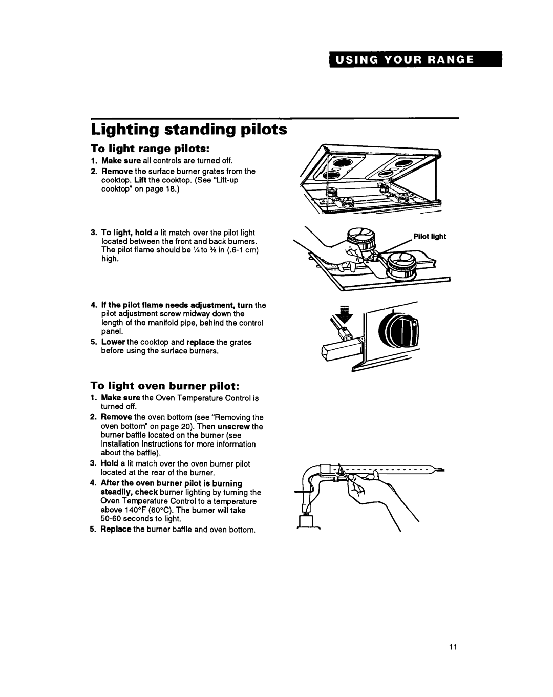 Whirlpool SF314PSY manual Lighting standing pilots, To light range pilots, To light oven burner pilot 
