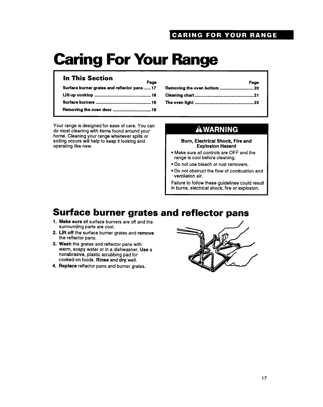 Whirlpool SF314PSY manual Caring For Your Range, Surface burner grates and reflector pans, In This Section Page 
