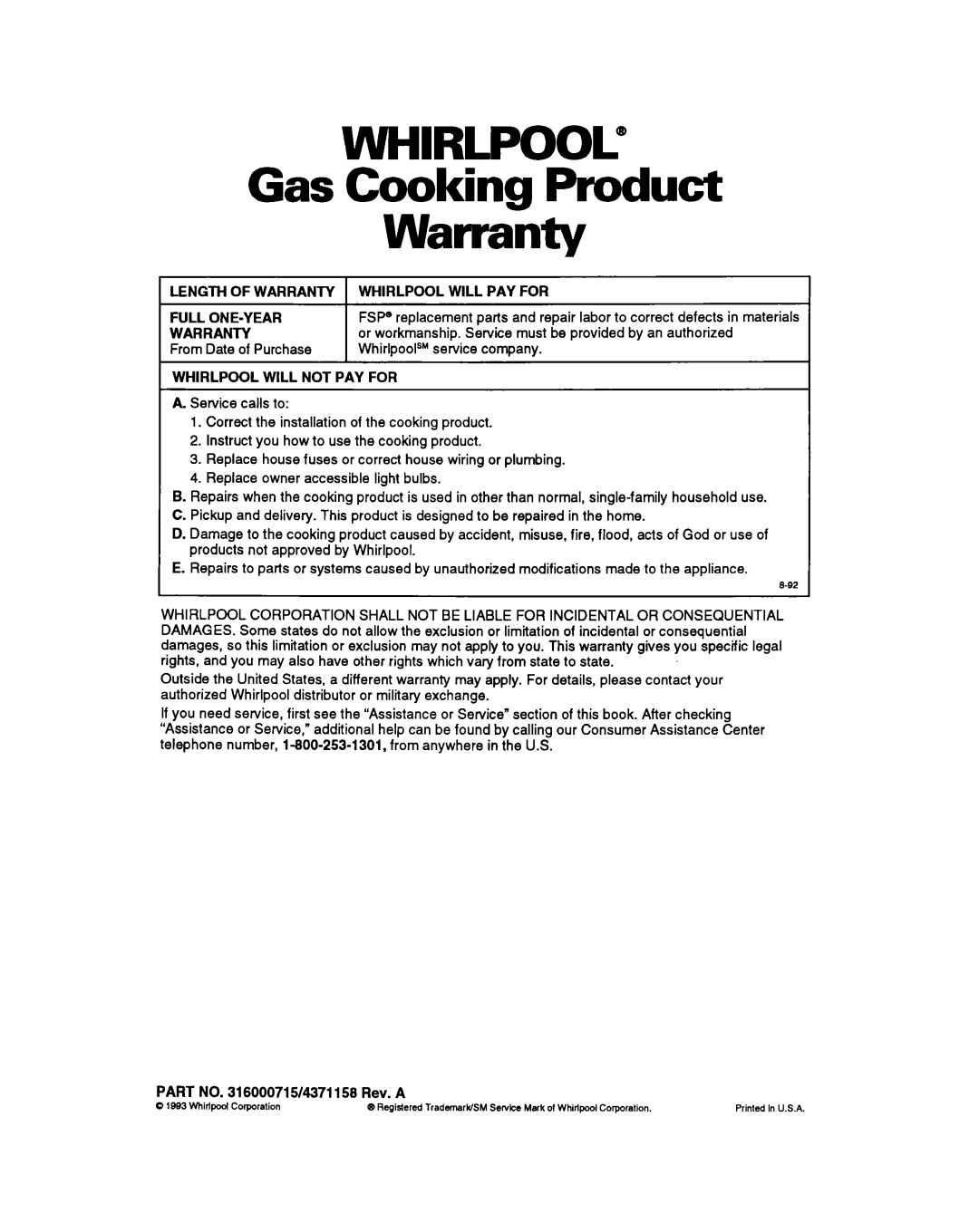 Whirlpool SF314PSY manual WHIRLPOOL@ Gas Cooking Product Warranty 