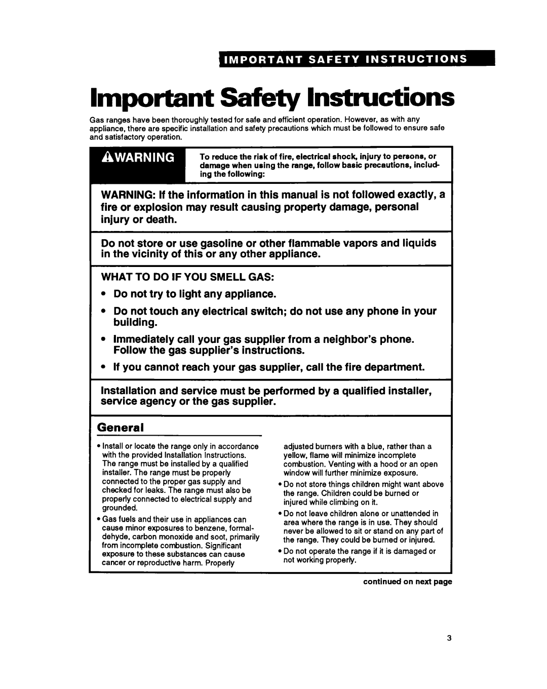 Whirlpool SF314PSY manual Important Safety Instructions, General 