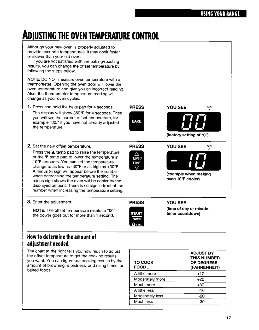 Whirlpool SF315PEE warranty Adjustingmeoventemperamecontrol, Adjust by, This Number, To Cook Degrees, Fahrenheit 