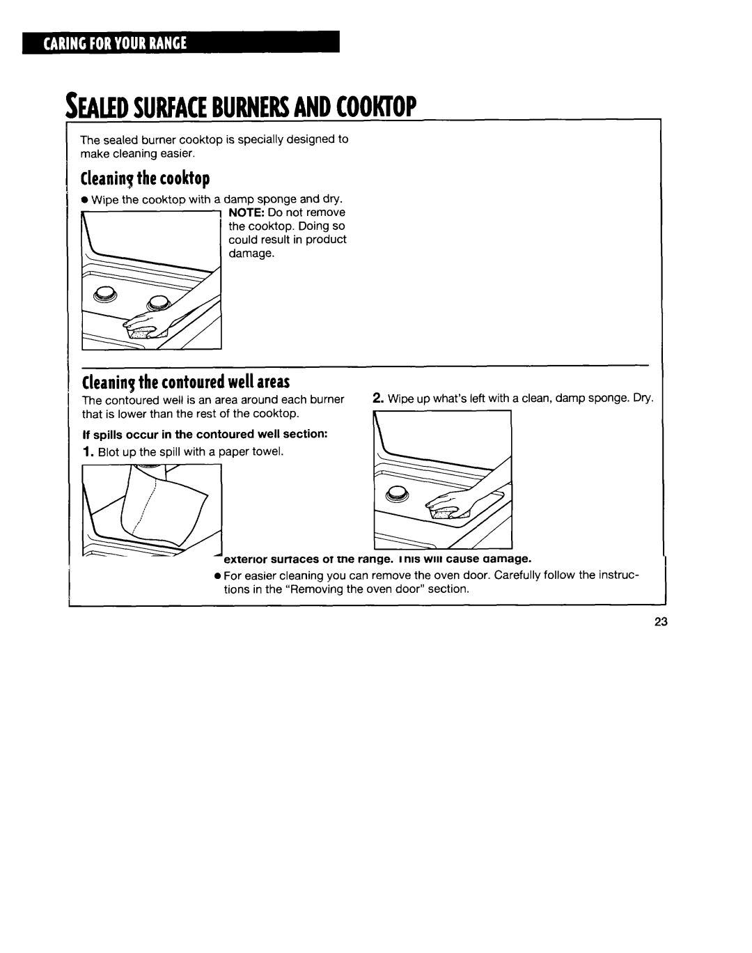 Whirlpool SF315PEE warranty NEALEDSURFACEBURNERSANDCOOKlOP, Cleaningthecooktop, Leaningthecontouredwell areas 