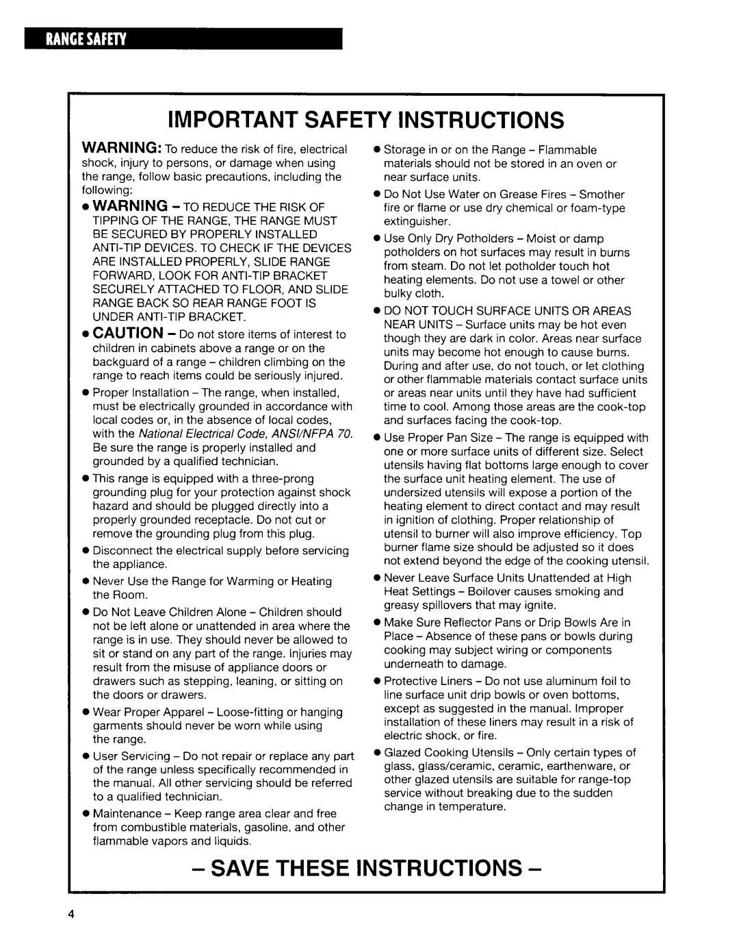 Whirlpool SF315PEE warranty Important Safety Instructions 