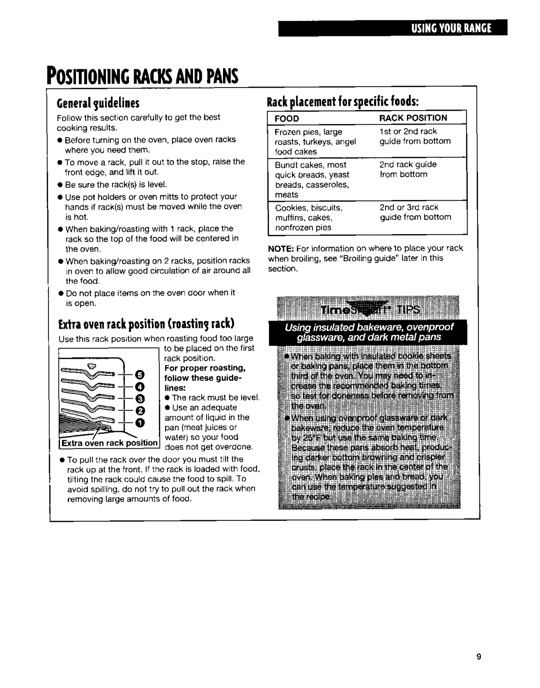 Whirlpool SF315PEE warranty Generalguidelines, Extraovenrackpositionroastingrack, Rackplacementfor specificfoods 