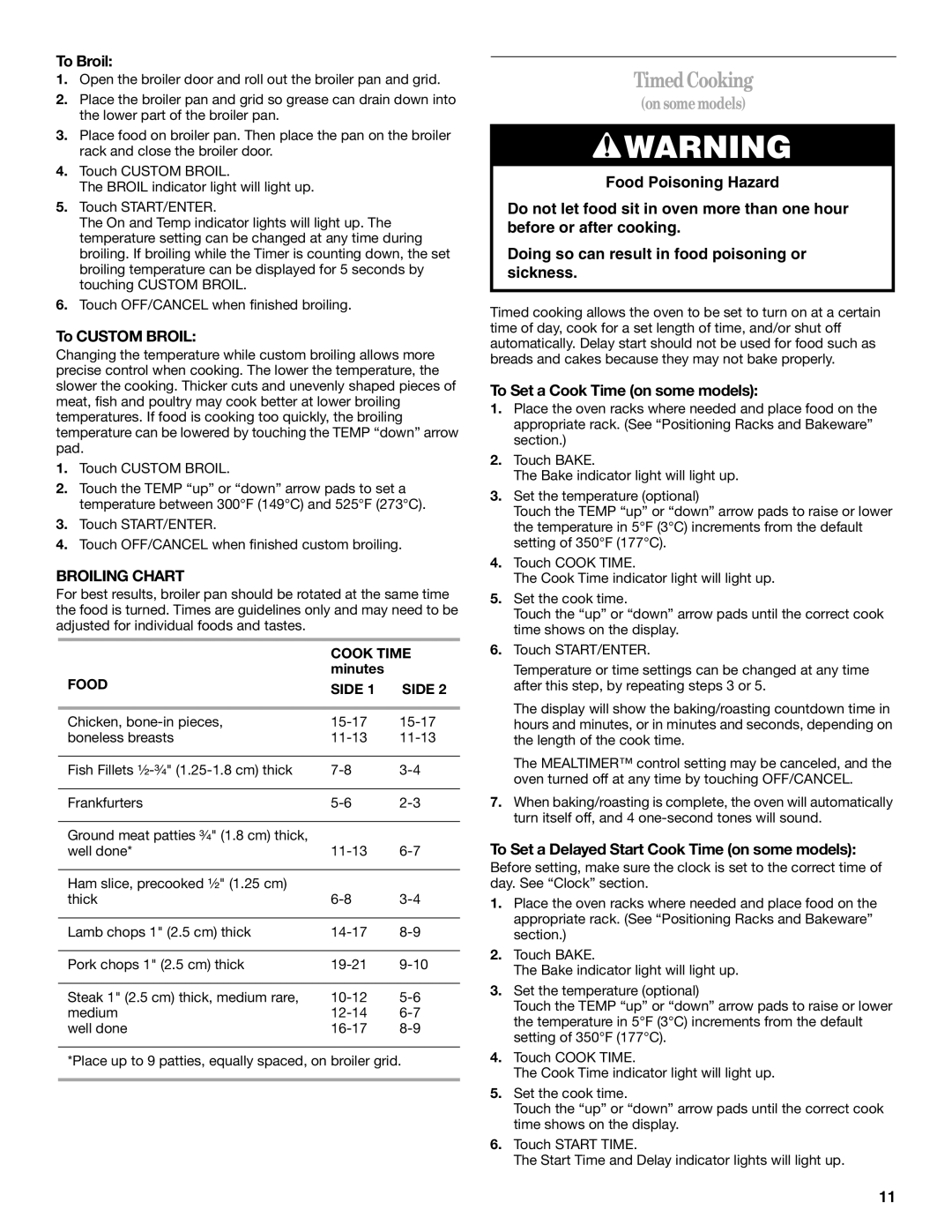 Whirlpool SF315PEPB0 manual Timed Cooking, Broiling Chart 