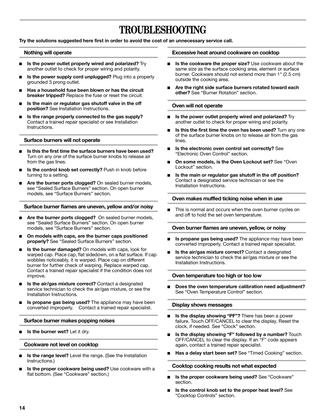 Whirlpool SF315PEPB0 manual Troubleshooting 