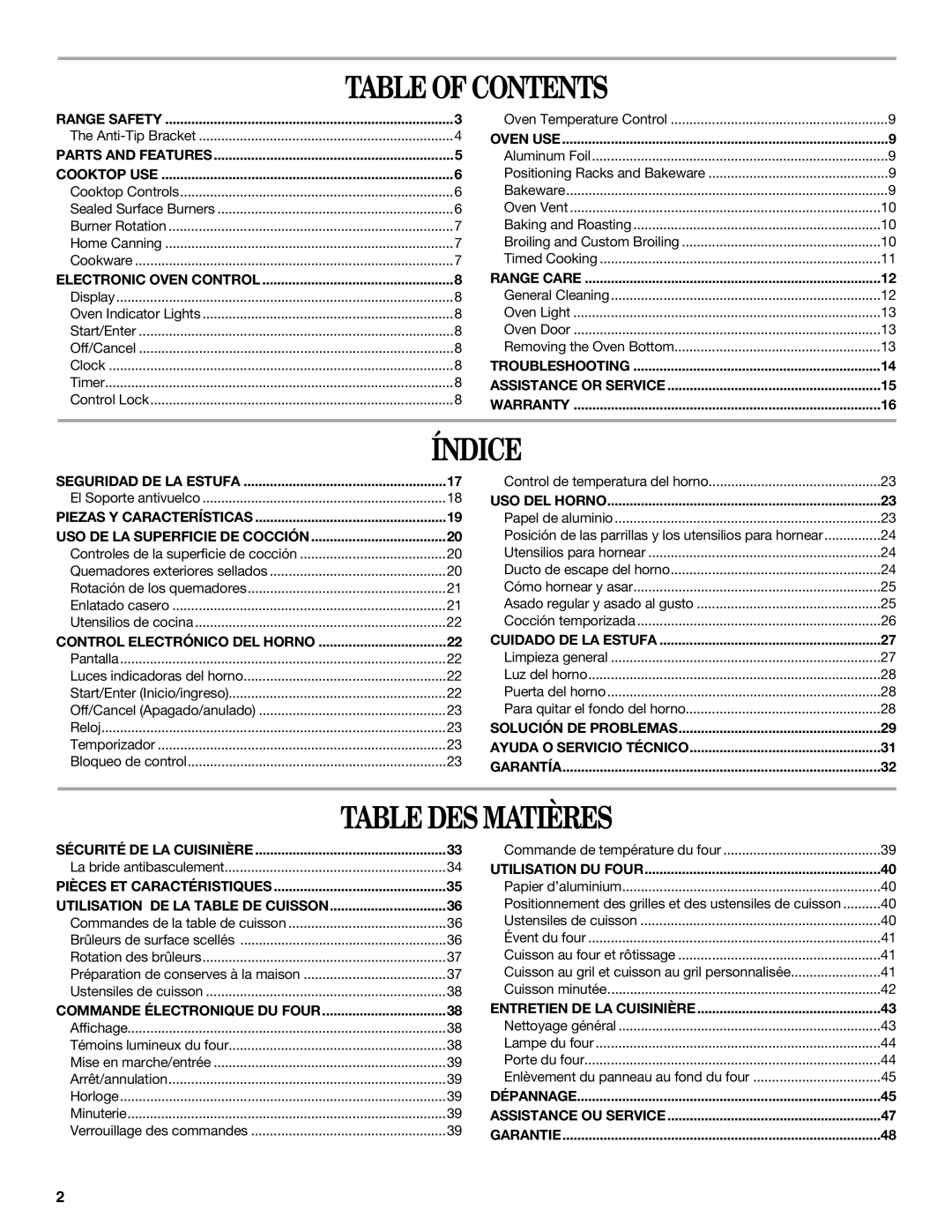 Whirlpool SF315PEPB0 manual Table of Contents, Índice, Table DES Matières 