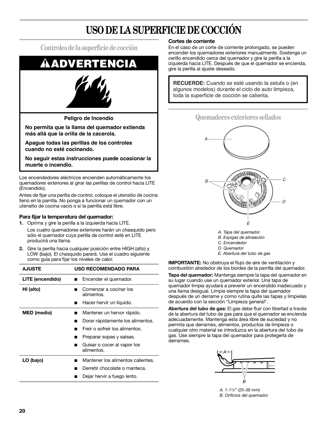 Whirlpool SF315PEPB0 manual USO DE LA Superficie DE Cocción, Controles de la superficie de cocción, Cortes de corriente 