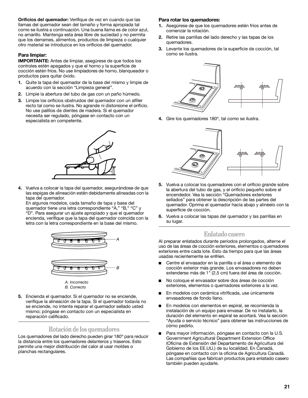 Whirlpool SF315PEPB0 manual Rotación de los quemadores, Enlatado casero, Para limpiar, Para rotar los quemadores 