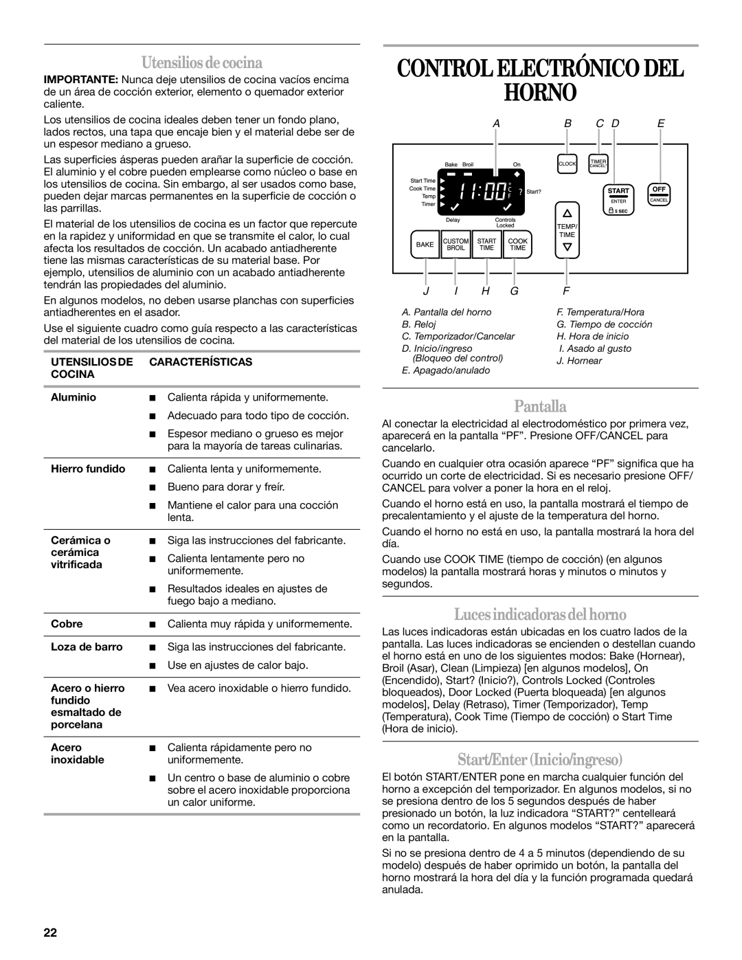 Whirlpool SF315PEPB0 manual Horno, Utensilios de cocina, Pantalla, Luces indicadoras del horno, Start/Enter Inicio/ingreso 