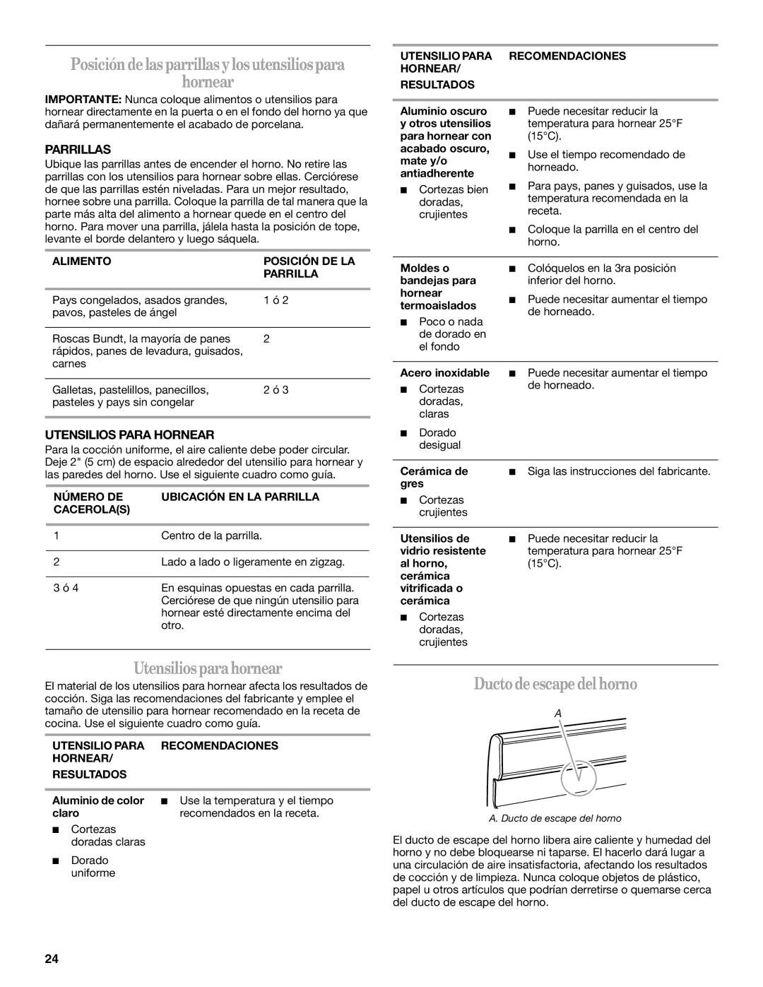 Whirlpool SF315PEPB0 manual Utensilios para hornear, Ducto de escape del horno, Parrillas, Utensilios Para Hornear 