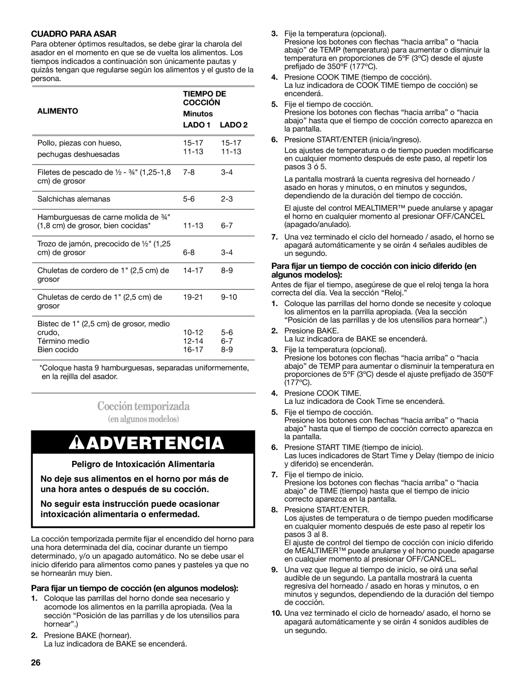 Whirlpool SF315PEPB0 manual Cocción temporizada, Cuadro Para Asar, Para fijar un tiempo de cocción en algunos modelos 