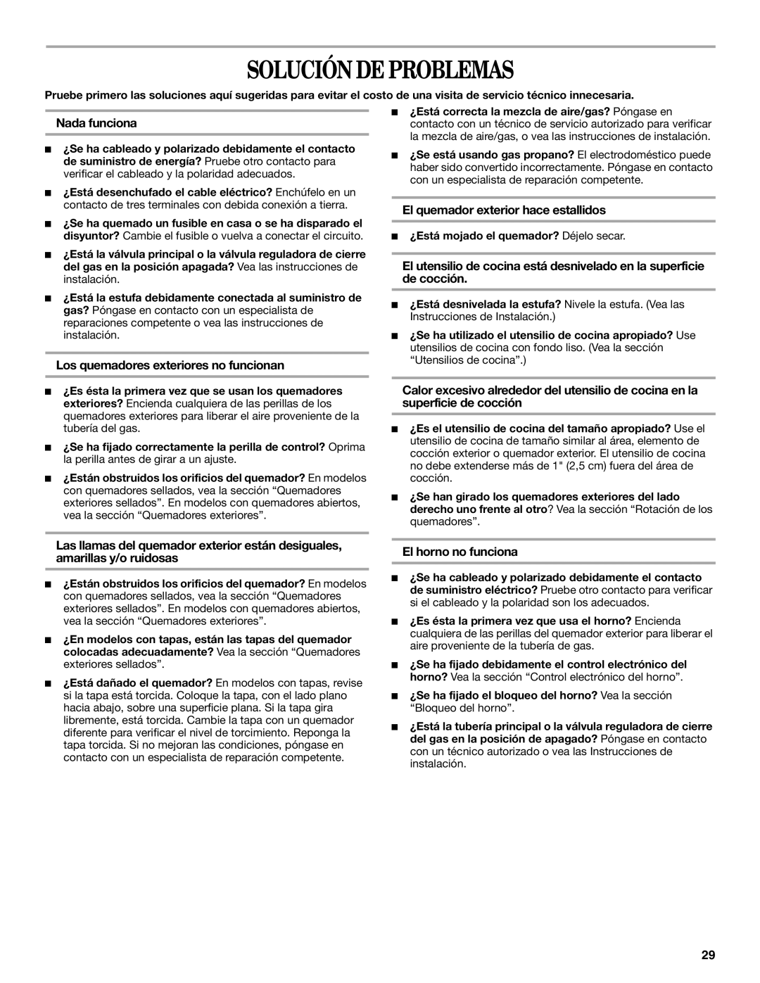 Whirlpool SF315PEPB0 Solución DE Problemas, Nada funciona, Los quemadores exteriores no funcionan, El horno no funciona 