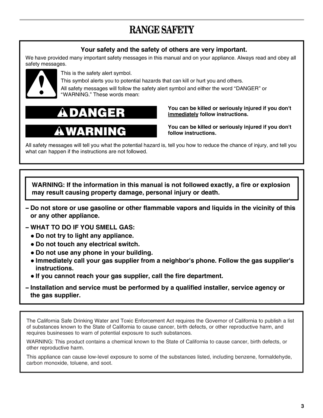 Whirlpool SF315PEPB0 manual Range Safety, Your safety and the safety of others are very important 