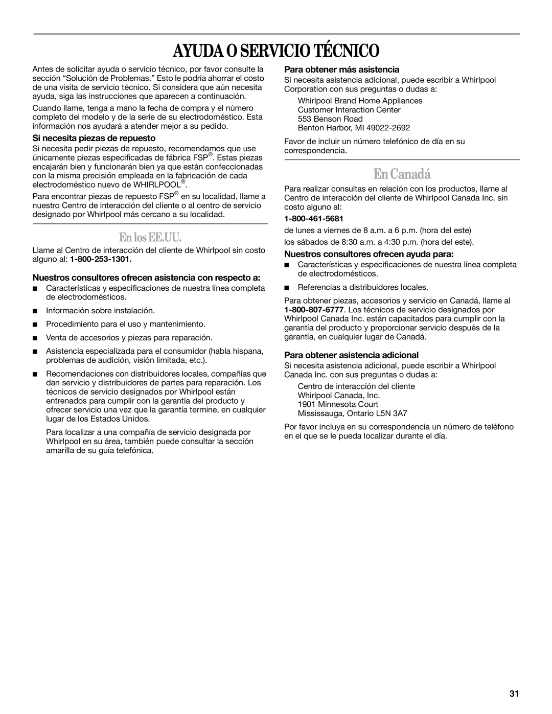 Whirlpool SF315PEPB0 manual Ayuda O Servicio Técnico, En los EE.UU 