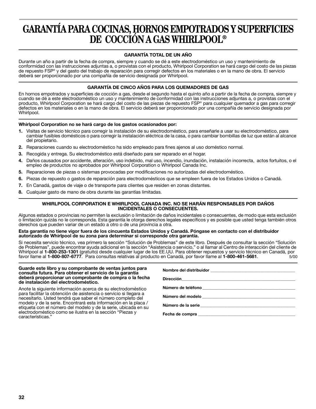 Whirlpool SF315PEPB0 manual DE Cocción a GAS Whirlpool, Garantía Total DE UN AÑO 