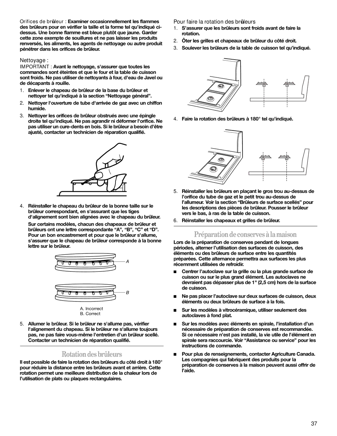 Whirlpool SF315PEPB0 manual Rotation des brûleurs, Préparation de conserves àla maison, Pour faire la rotation des brûleurs 