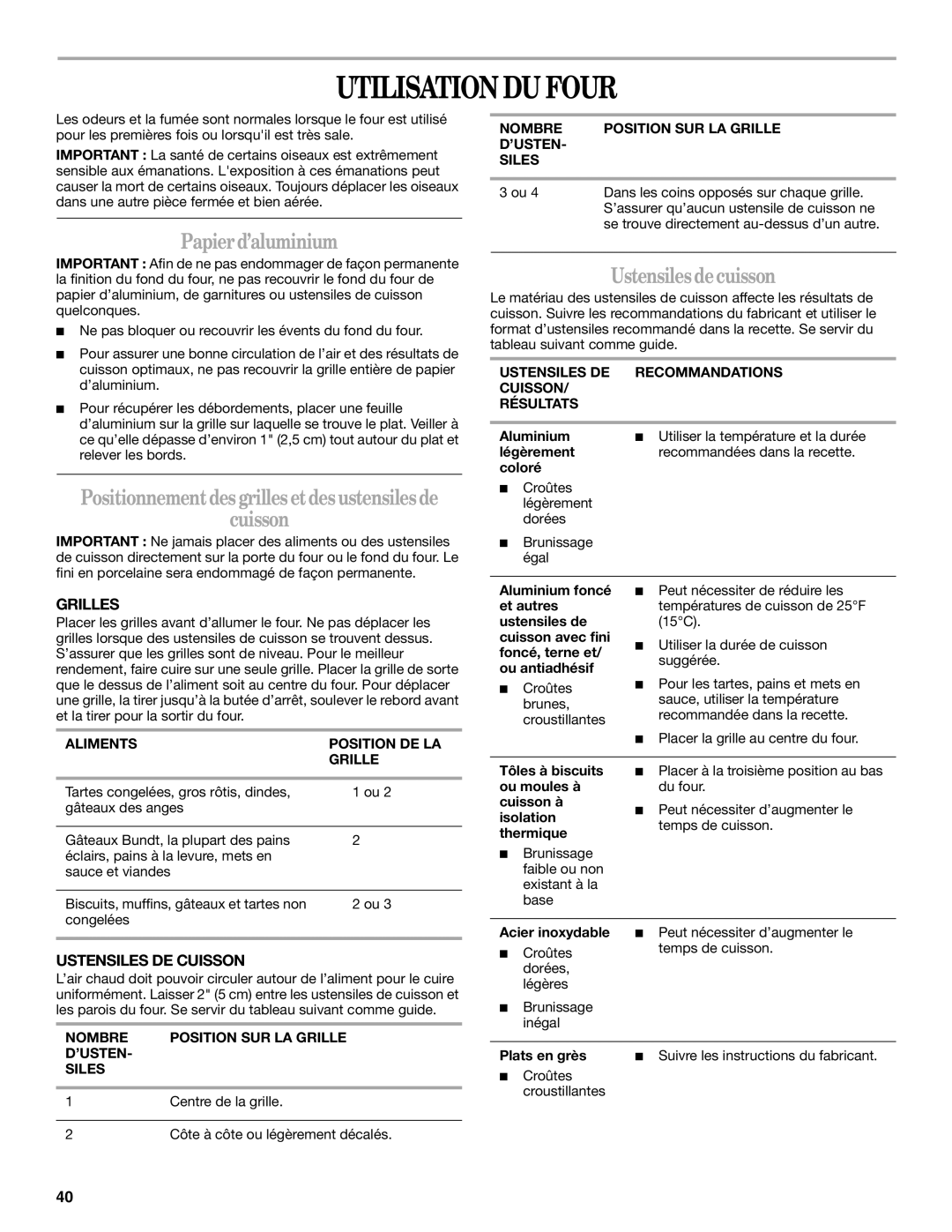 Whirlpool SF315PEPB0 manual Utilisation DU Four, Papier d’aluminium, Grilles, Ustensiles DE Cuisson 