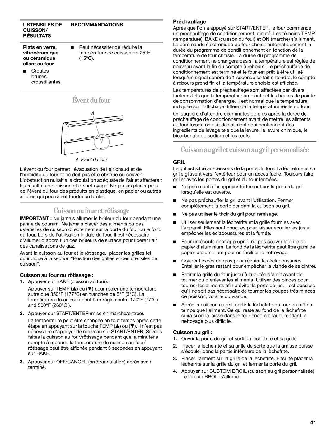 Whirlpool SF315PEPB0 manual Évent du four, Cuisson au four et rôtissage, Gril 